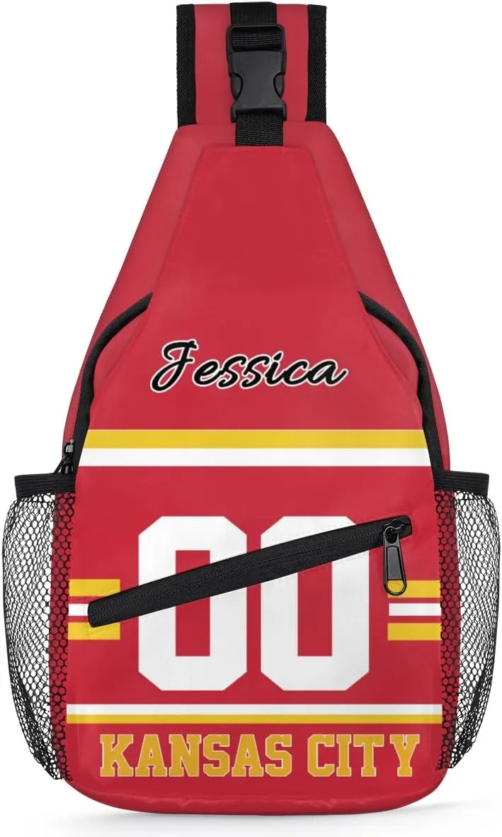Custom Sling Bag, Personalized Rugby Sport Crossbody Bags for Men, Customize Name Sling Shoulder Backpack, Football Chest Bag Hiking Travel Daypack for Outdoor, Kansas City