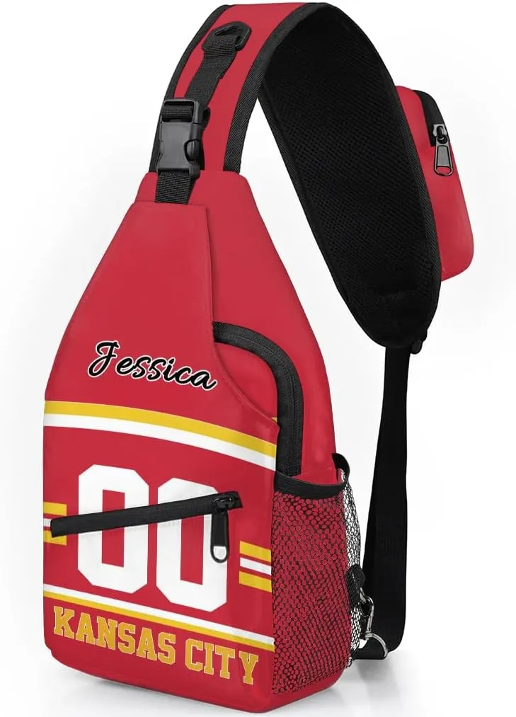 Custom Sling Bag, Personalized Rugby Sport Crossbody Bags for Men, Customize Name Sling Shoulder Backpack, Football Chest Bag Hiking Travel Daypack for Outdoor, Kansas City