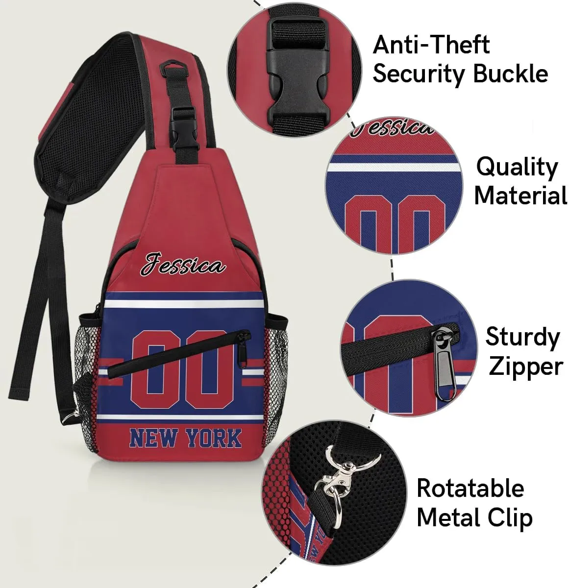 Custom Sling Bag, Personalized Rugby Sport Crossbody Bags for Men, Customize Name Sling Shoulder Backpack, Football Chest Bag Hiking Travel Daypack for Outdoor, New York