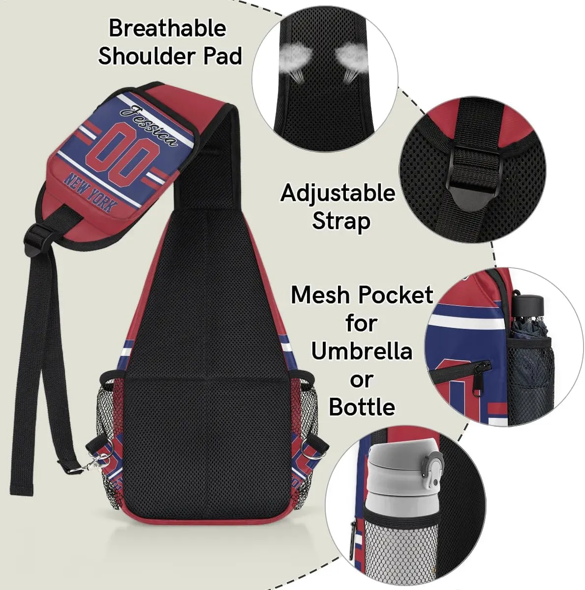 Custom Sling Bag, Personalized Rugby Sport Crossbody Bags for Men, Customize Name Sling Shoulder Backpack, Football Chest Bag Hiking Travel Daypack for Outdoor, New York