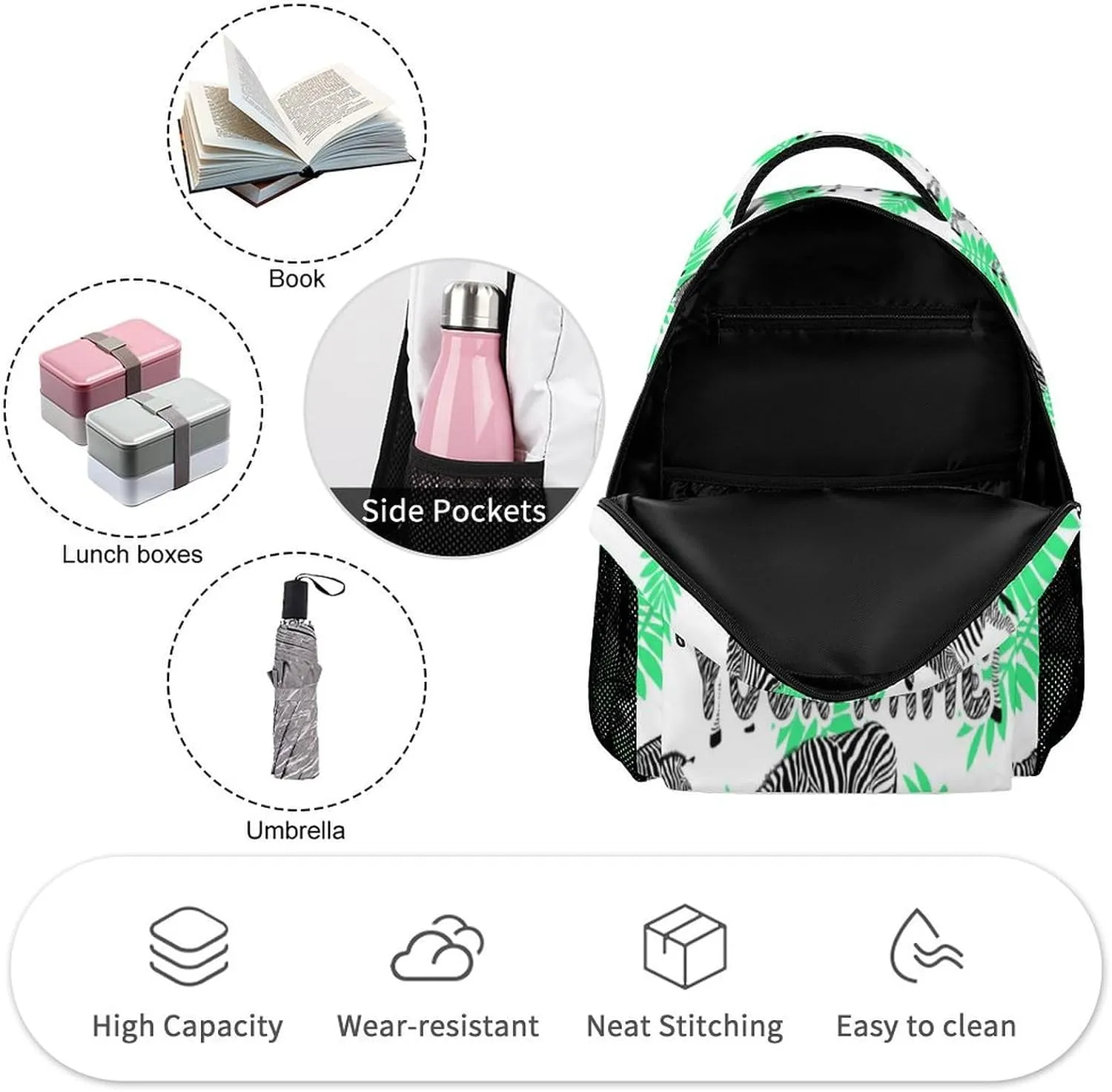 Custom Zebra Backpack for Kids Girls Boys School, 16 Inches Cute Zebras Theme Bookbag, Adjustable, Lightweight, Large Capacity, Colorful Daily Casual Backpacks