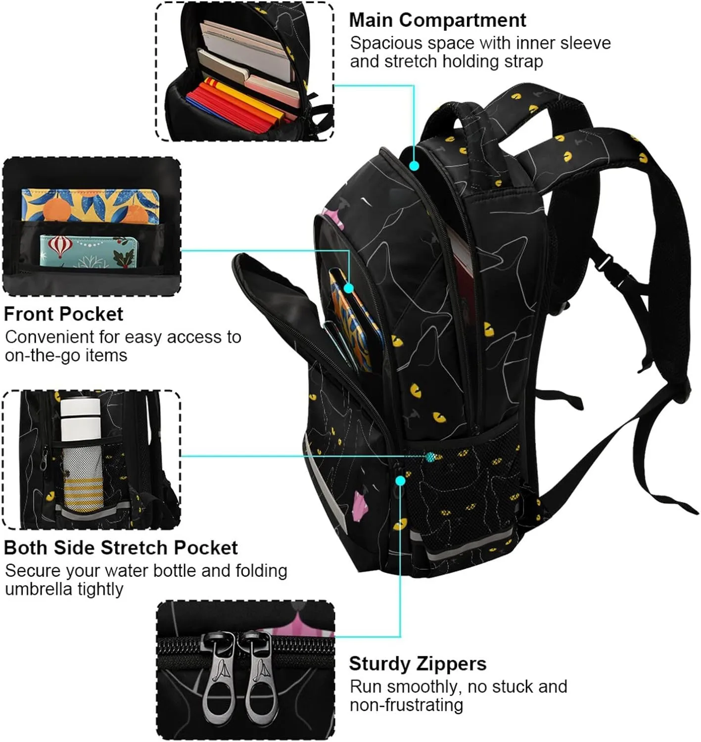 Cute Black Cats School Backpack for Teen Bookbag for Middle School/High School/Teenagers/College Boys Girls Portable Wide shoulder strap Backpack