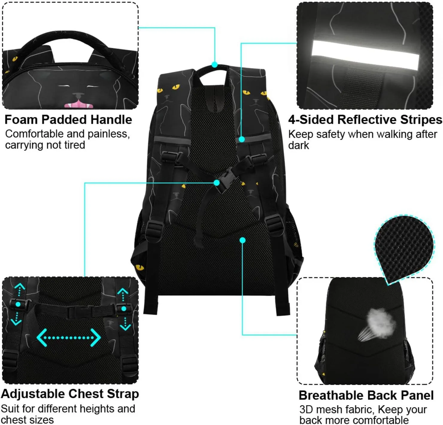 Cute Black Cats School Backpack for Teen Bookbag for Middle School/High School/Teenagers/College Boys Girls Portable Wide shoulder strap Backpack