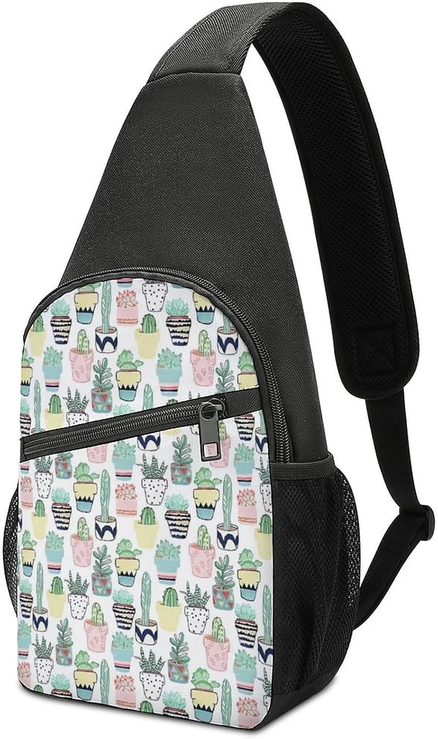 Cute Cacti in Pots Chest Bag with Mesh Pockets on Both Sides And Main Bag Design