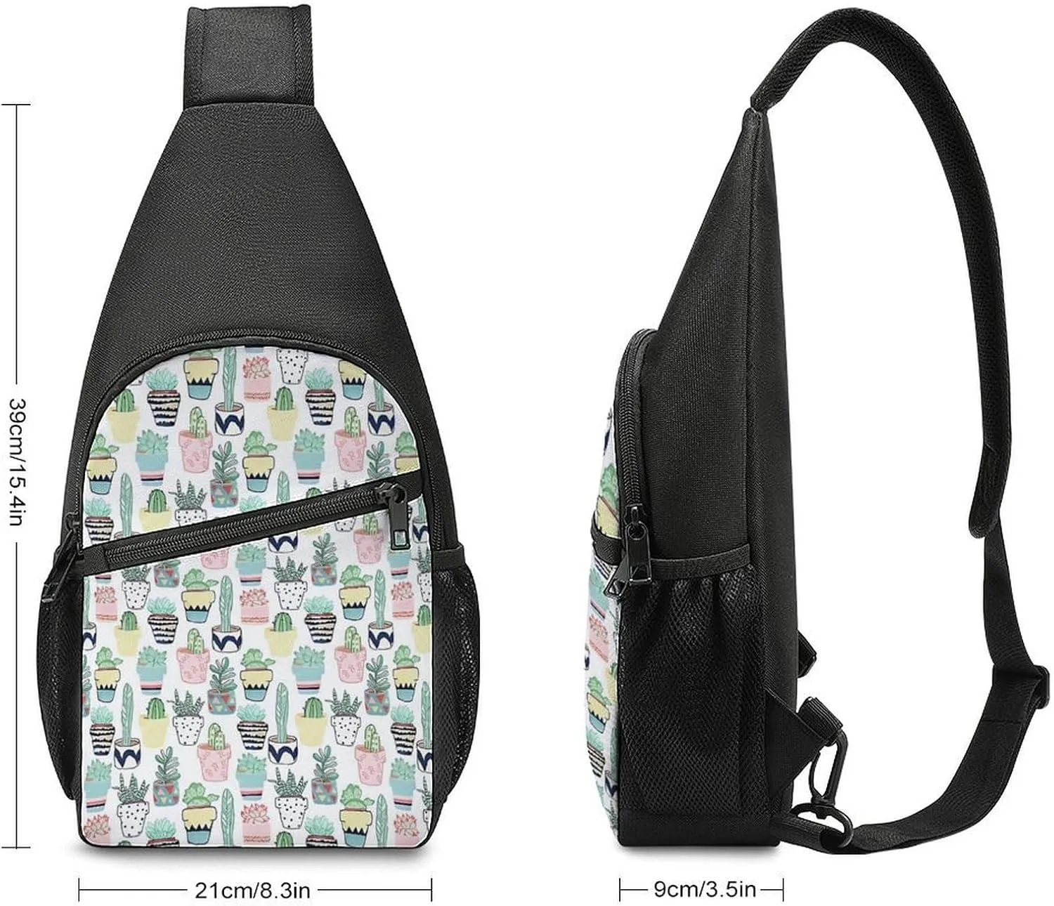 Cute Cacti in Pots Chest Bag with Mesh Pockets on Both Sides And Main Bag Design