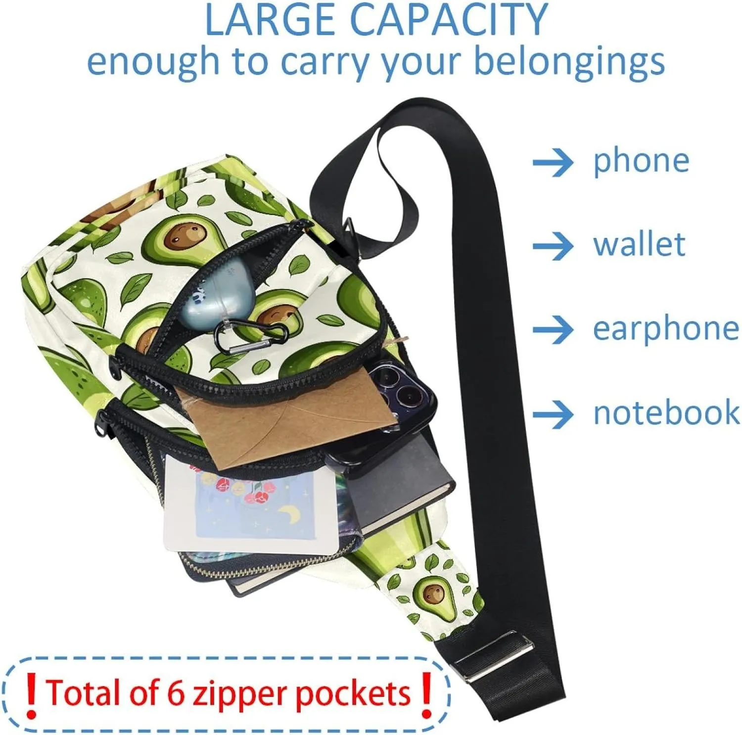 cute cartoon avocados (1) Sling Backpack Bag