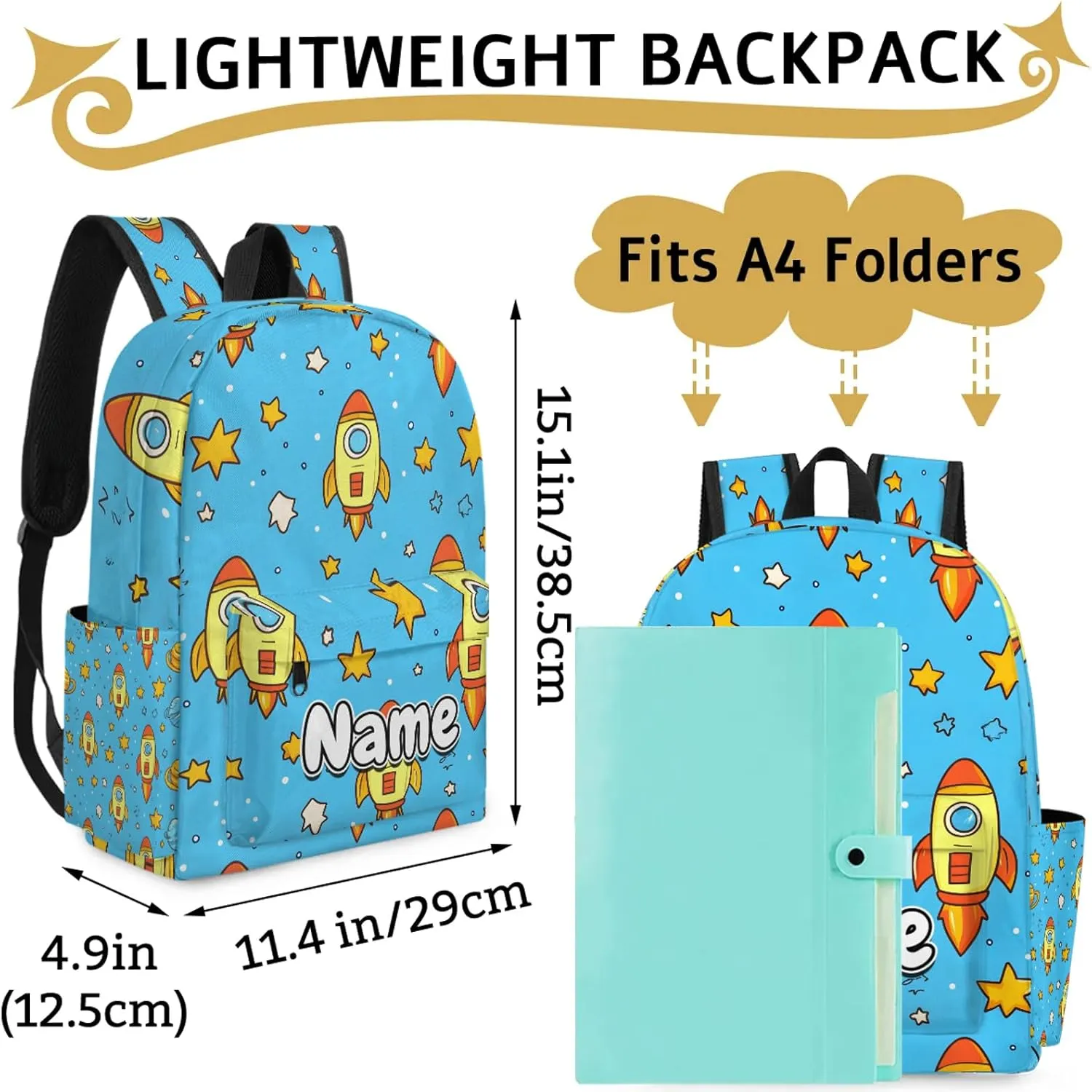 Cute Cartoon Rocket Personalized Backpack Bag with Name Lightweight Custom Shoulder Bags Waterproof Casual Backpacks Travel Laptop Bag 15.1in