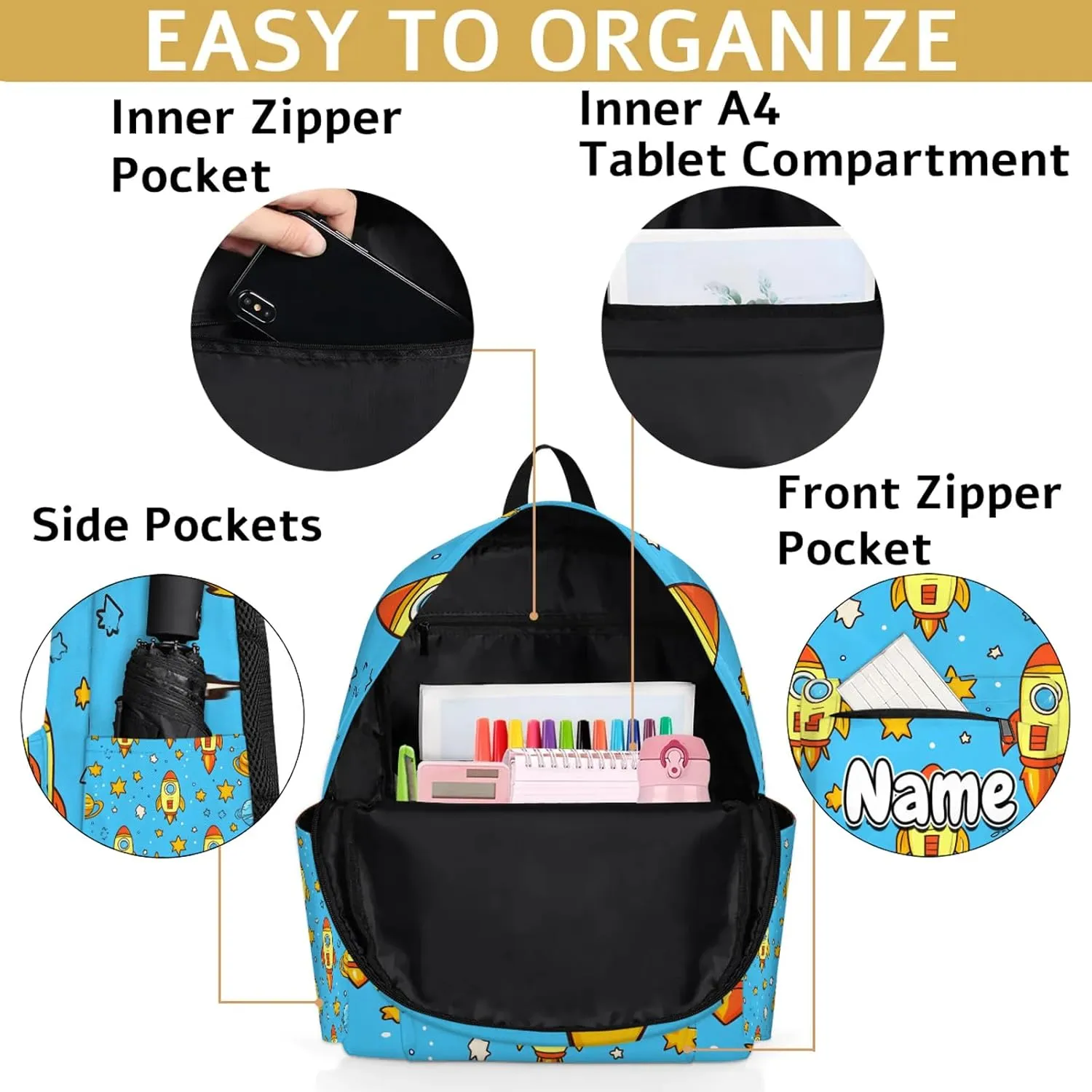 Cute Cartoon Rocket Personalized Backpack Bag with Name Lightweight Custom Shoulder Bags Waterproof Casual Backpacks Travel Laptop Bag 15.1in