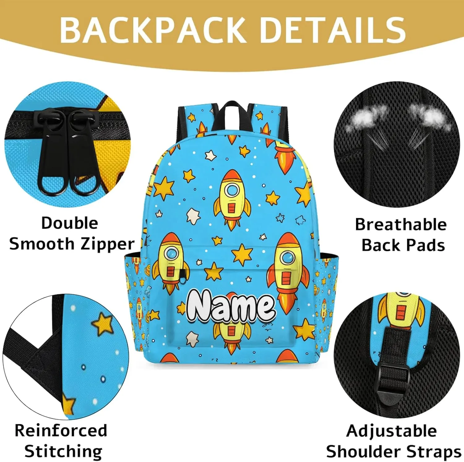 Cute Cartoon Rocket Personalized Backpack Bag with Name Lightweight Custom Shoulder Bags Waterproof Casual Backpacks Travel Laptop Bag 15.1in
