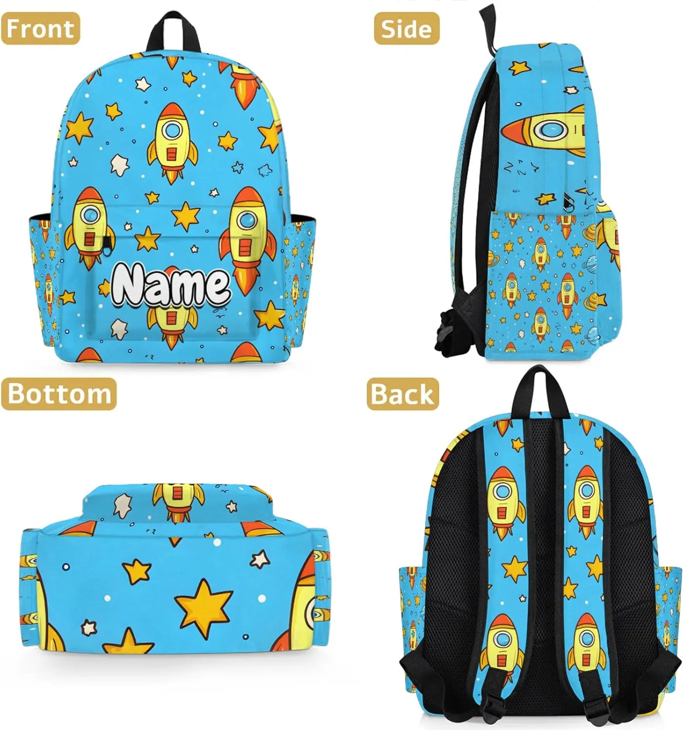 Cute Cartoon Rocket Personalized Backpack Bag with Name Lightweight Custom Shoulder Bags Waterproof Casual Backpacks Travel Laptop Bag 15.1in