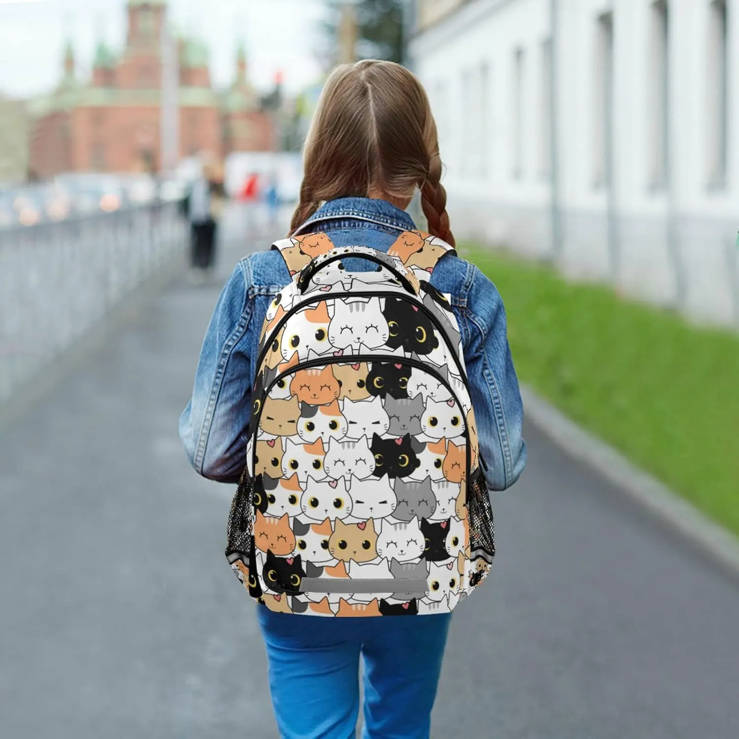 Cute Cat School Backpack for Boys Girls Portable Wide shoulder strap Backpack Lightweight Travel Bag College Casual Daypack with Reflective Strip Large