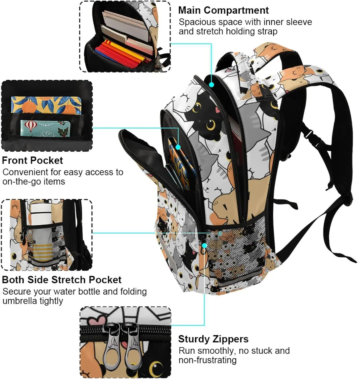 Cute Cat School Backpack for Boys Girls Portable Wide shoulder strap Backpack Lightweight Travel Bag College Casual Daypack with Reflective Strip Large