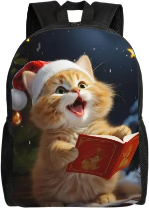 Cute Cat Sing Christmas Carols Backpack for Women Men Laptop Backpack 16.1 inch Computer Bag Casual Daypack for Travel