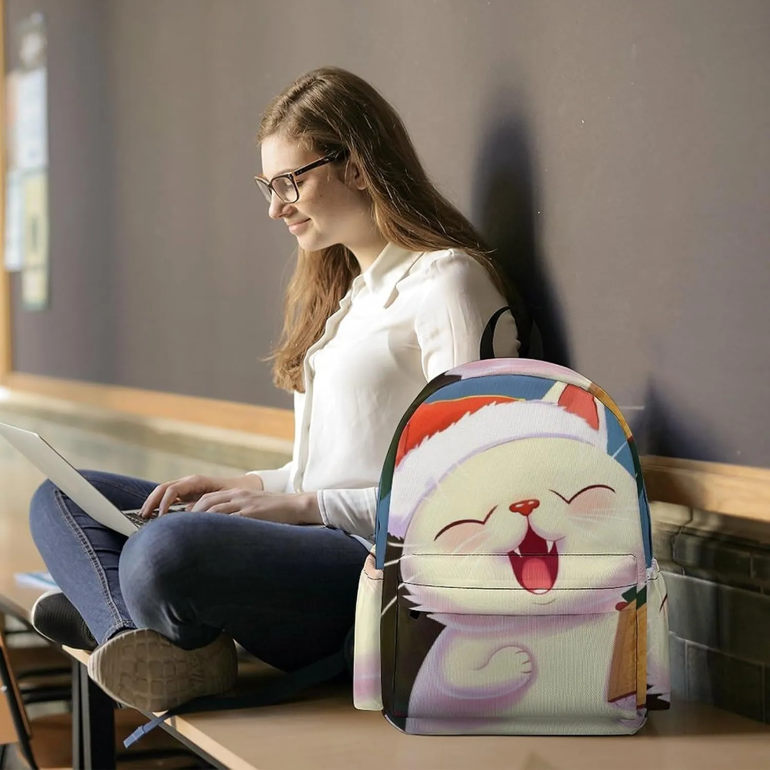 Cute Cat Sing Christmas Carols Print Laptop Backpacks Casual Shoulder Bag Travel Daypack Fashion for Men Women