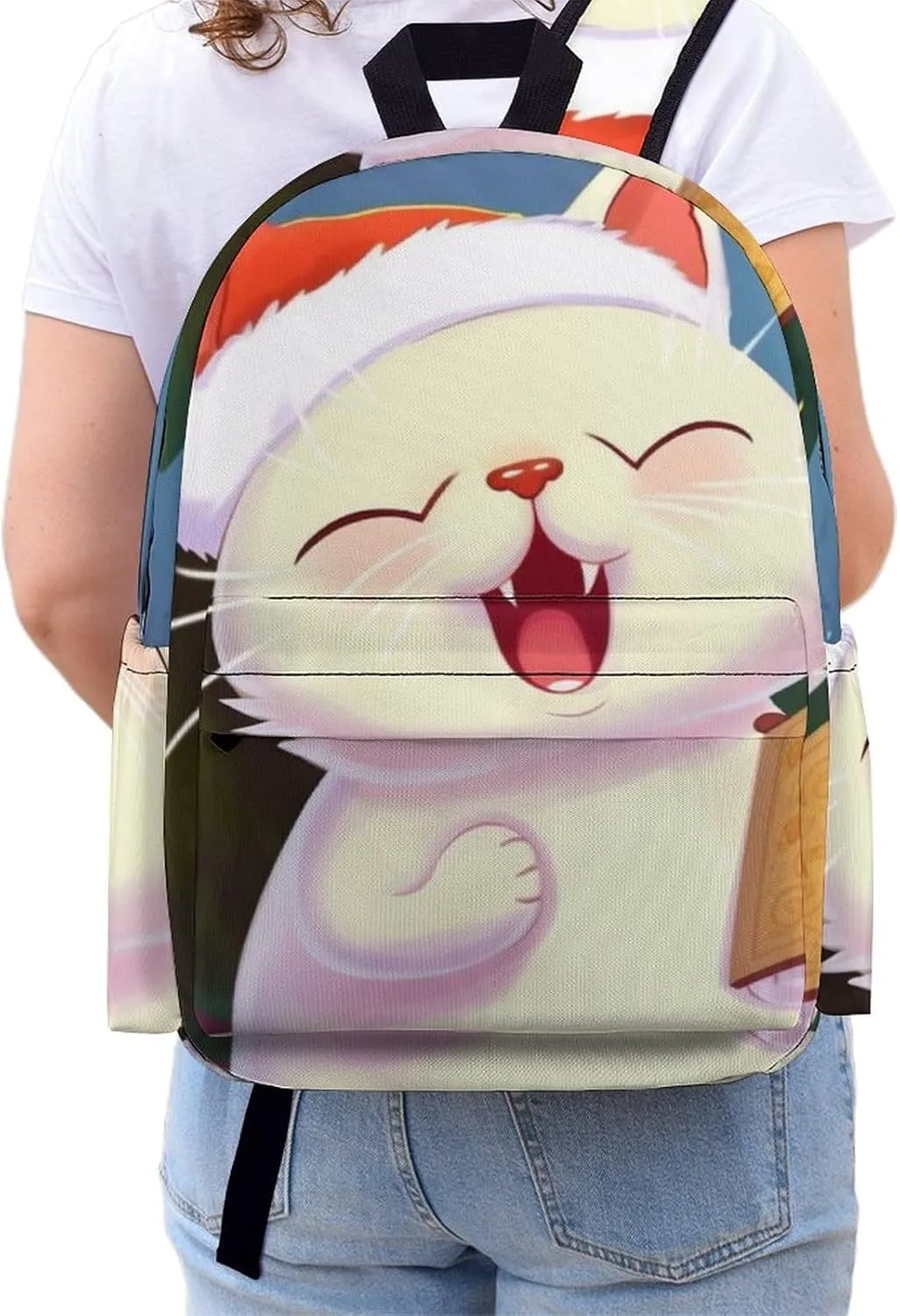 Cute Cat Sing Christmas Carols Print Laptop Backpacks Casual Shoulder Bag Travel Daypack Fashion for Men Women