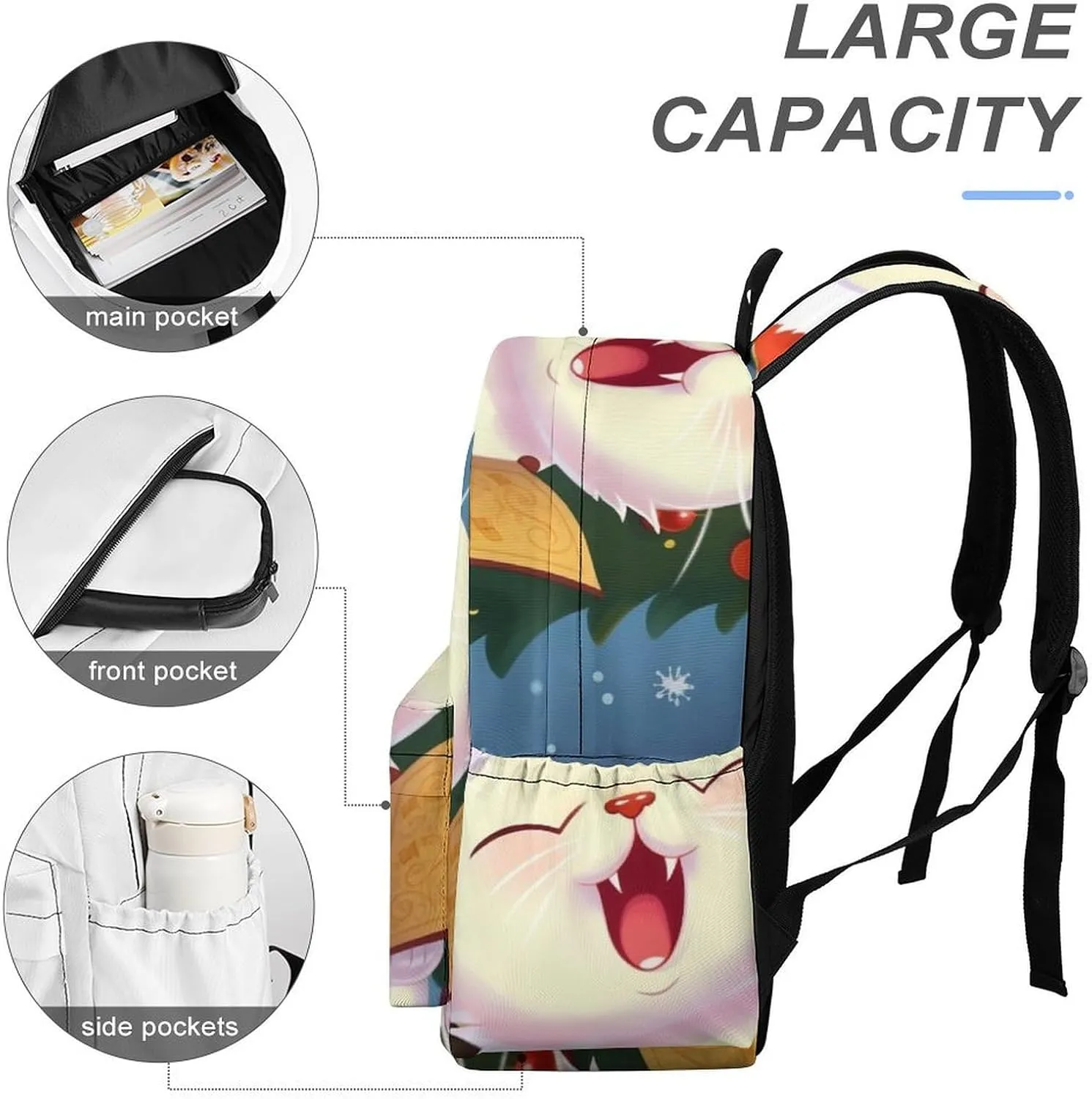 Cute Cat Sing Christmas Carols Print Laptop Backpacks Casual Shoulder Bag Travel Daypack Fashion for Men Women