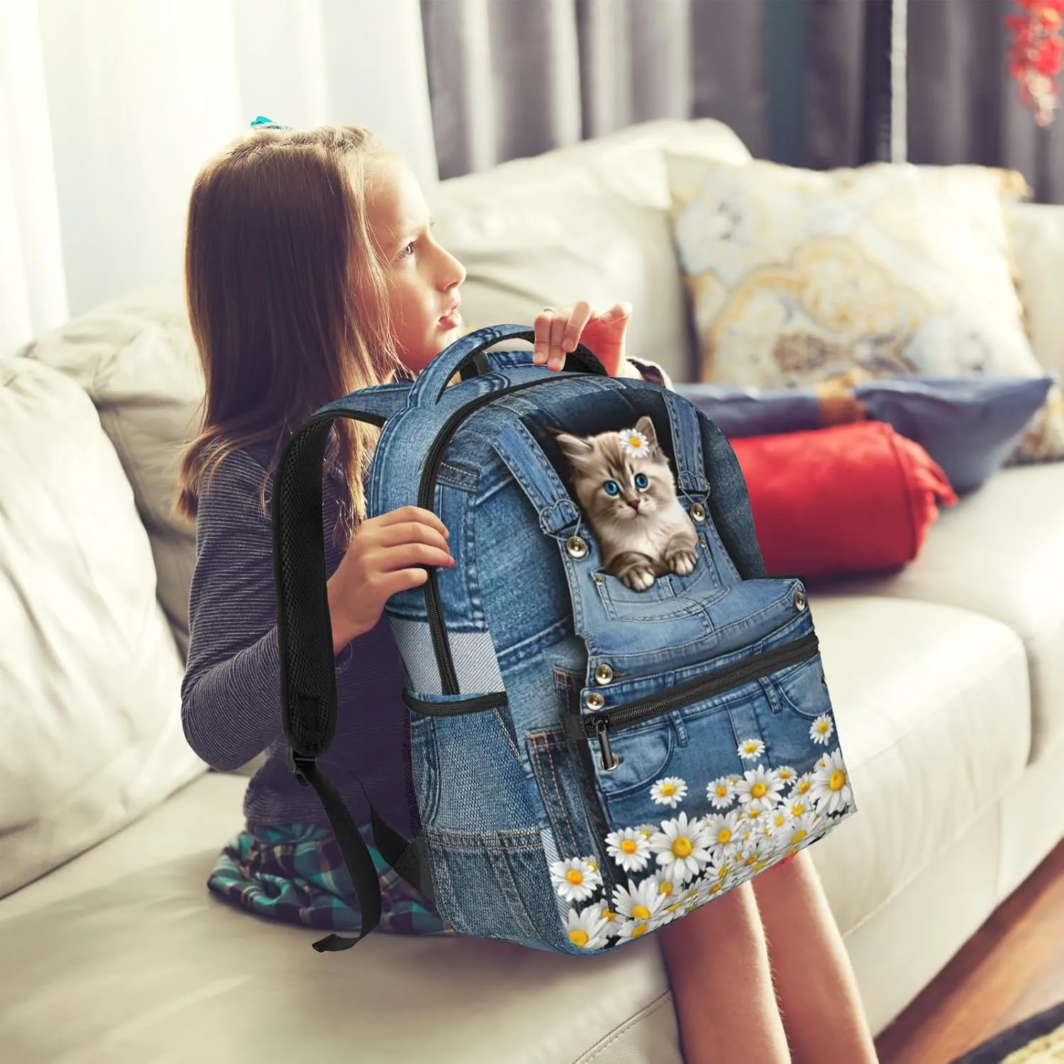 Cute Cats Backpack For Teen Girls Boys,Canvas Animals Bookbags For Schools Kids Backpacks For Girls In Preschool Kindergarten Elementary School Kawaii School Backpacks