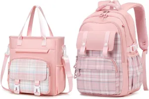 Cute Crossbody Bag Backpack with Lunch Bag Set, Jk Beautiful Nylon Laptop Shoulder Sling Messenger Bags Handbag (Pink,Backpack Lunch Bag Set)