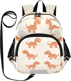 Cute Dinosaurs Preschool Backpack Orange Daycare Bookbag School Backpack with Traction Rope for Kids 3-6