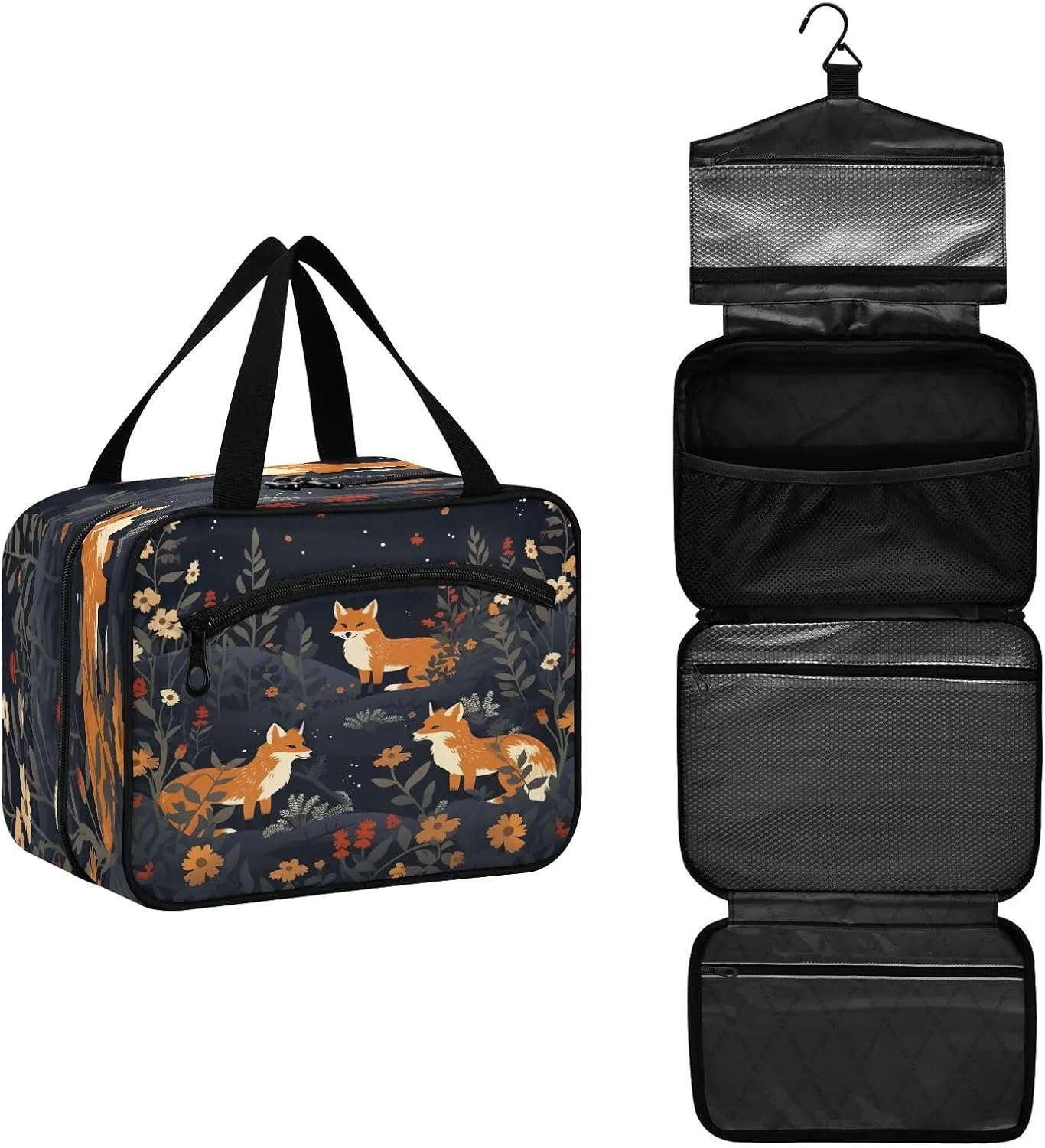 Cute Foxes Toiletry Bag, Large Waterproof Hanging Travel Makeup Organizer Bag, Portable Travel Cosmetic Bag with Handle for Women and Men, Large
