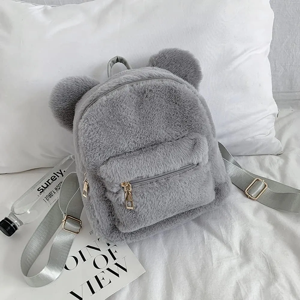 Cute Fuzzy Bear Ears Backpack Kawaii Soft Fluffy Casual Daypack Mini Shoulder Bag Purse for Girls (Grey)