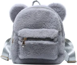 Cute Fuzzy Bear Ears Backpack Kawaii Soft Fluffy Casual Daypack Mini Shoulder Bag Purse for Girls (Grey)