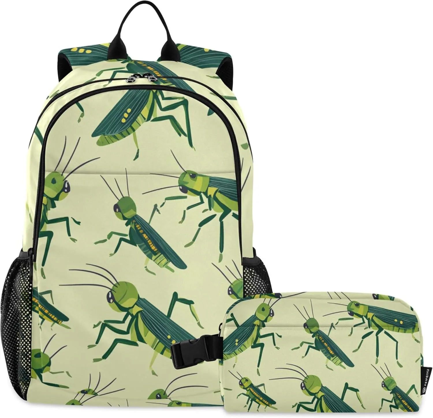 Cute Green Grasshopper Pattern Backpack with Lunch Bag, Travel School Backpack for Boys Girls Kids Backpacks Set