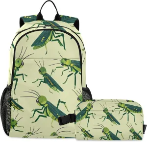 Cute Green Grasshopper Pattern Backpack with Lunch Bag, Travel School Backpack for Boys Girls Kids Backpacks Set