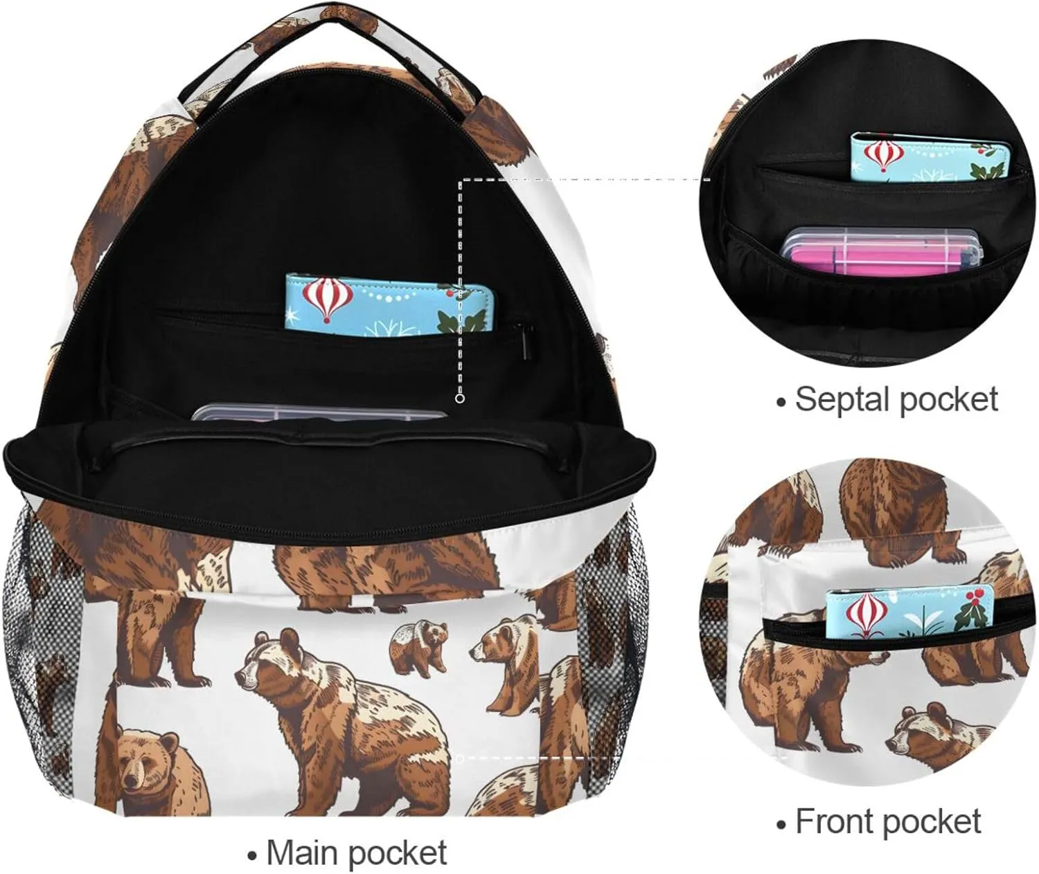 Cute Grizzly Bears Backpacks for Girls Boys Elementary School Bag Kids Bookbag Personalized Travel Daypack 3rd 4th 5th Grade Rucksack 16in Laptop Back Pack