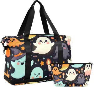 Cute Halloween Ghosts Gym Bag for Women Sport Travel Duffel Bag Shoulder Weekender Overnight Bags with Wet Pocket & Shoe Compartment