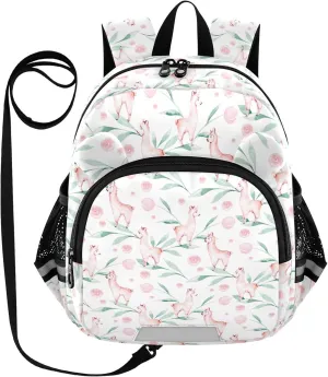 Cute Llama Preschool Backpack Floral Daycare Bookbag School Backpack with Traction Rope for Kids 3-6