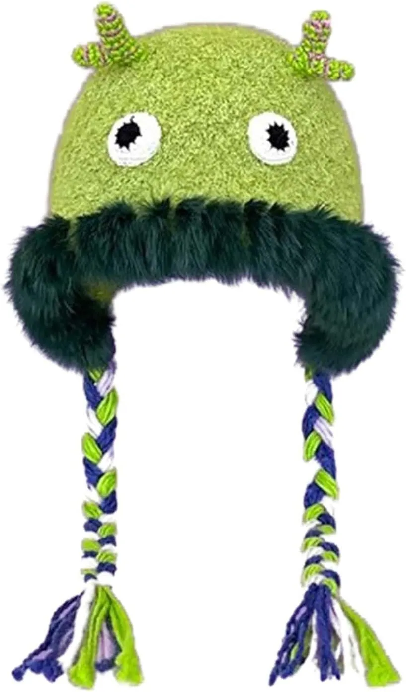 Cute Novelty Cartoon Fuzzy Bucket Hats for Women Girls Windproof Faux Fur Trim Braided Drawstring Winter Warm Earflaps Caps