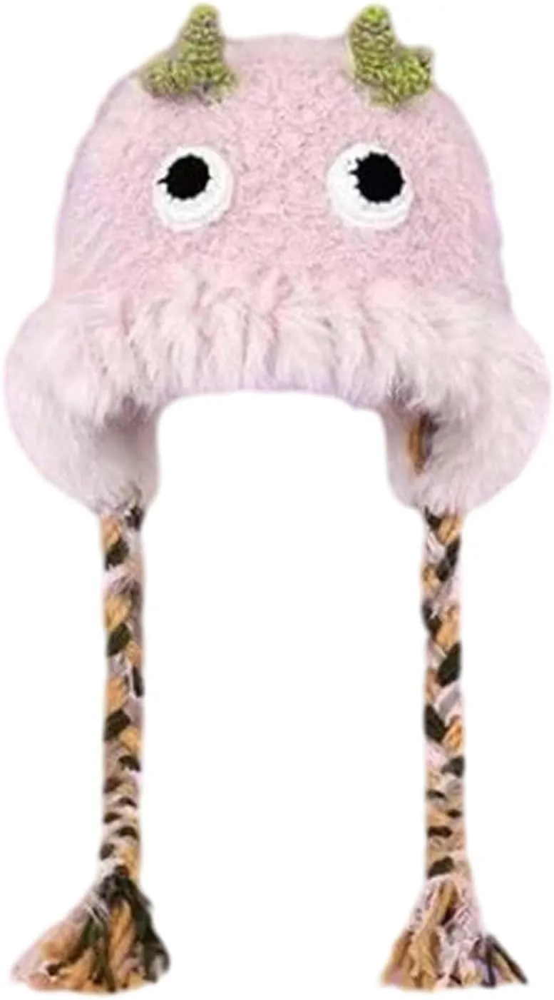 Cute Novelty Cartoon Fuzzy Bucket Hats for Women Girls Windproof Faux Fur Trim Braided Drawstring Winter Warm Earflaps Caps