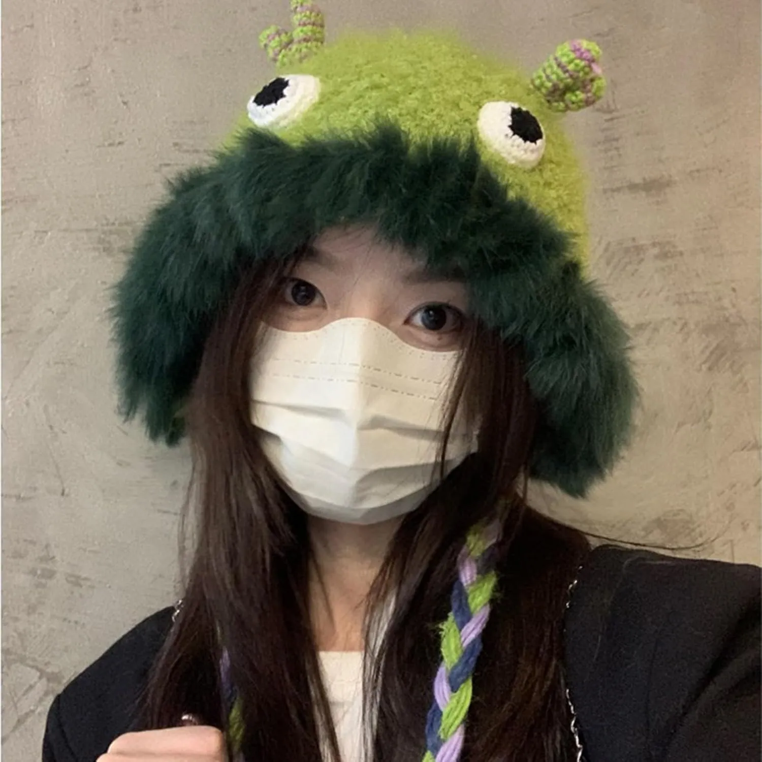 Cute Novelty Cartoon Fuzzy Bucket Hats for Women Girls Windproof Faux Fur Trim Braided Drawstring Winter Warm Earflaps Caps