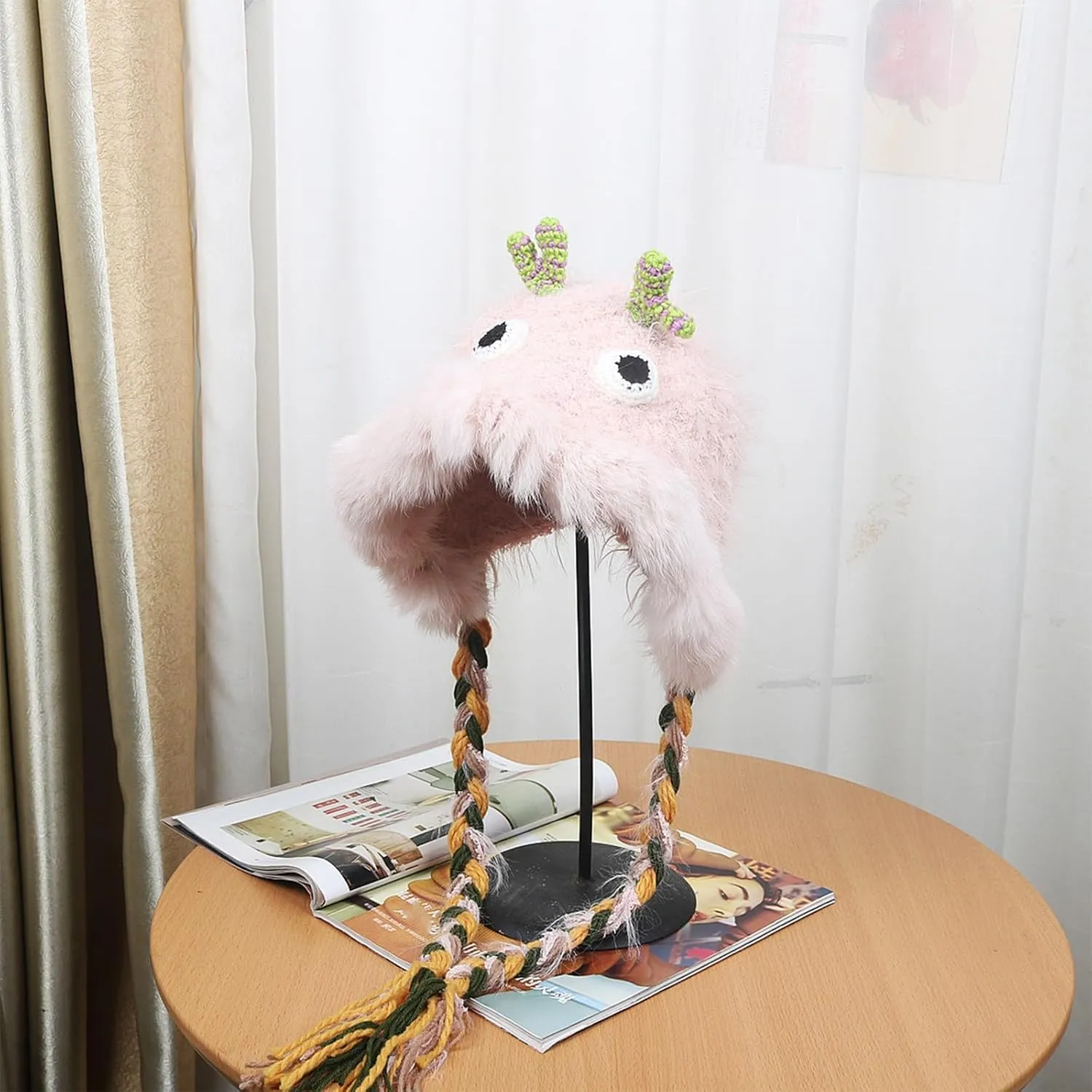 Cute Novelty Cartoon Fuzzy Bucket Hats for Women Girls Windproof Faux Fur Trim Braided Drawstring Winter Warm Earflaps Caps