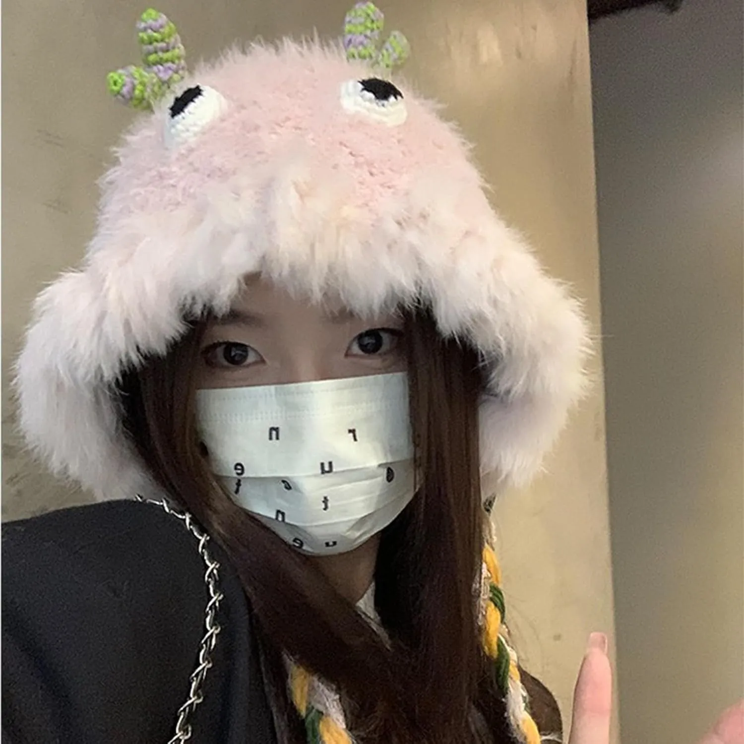 Cute Novelty Cartoon Fuzzy Bucket Hats for Women Girls Windproof Faux Fur Trim Braided Drawstring Winter Warm Earflaps Caps
