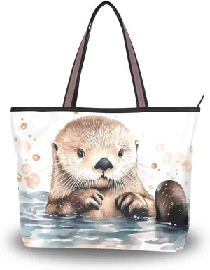 Cute Otter Swim Tote Bag for Women Durable Designer Handbag with Zipper for Daily Use Travel L