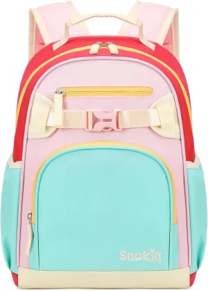 Cute School Backpack for Kindergarten Girls Water Resistant Bookbag for Kids 4-6 (Aqua Pink Red)