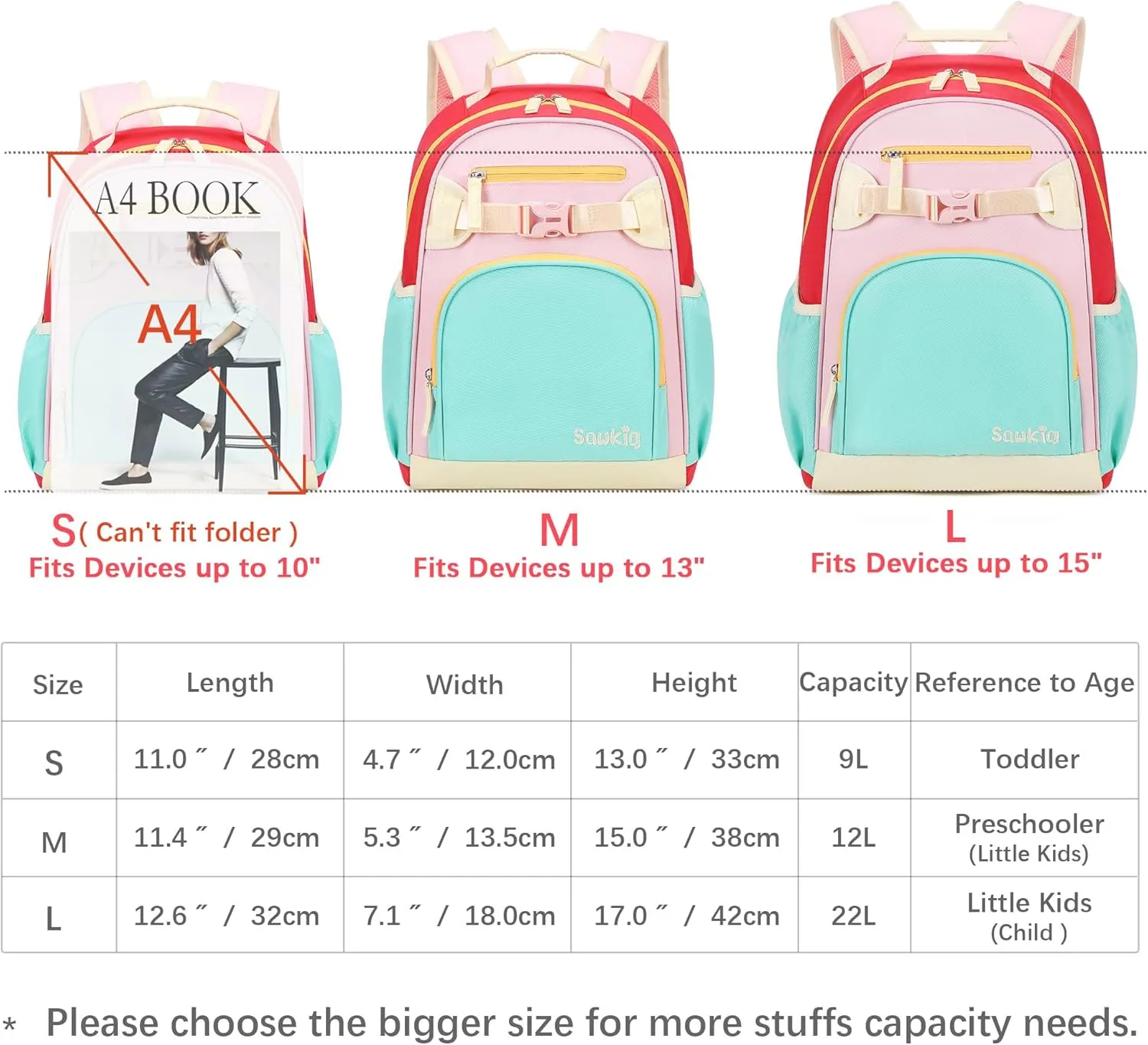 Cute School Backpack for Kindergarten Girls Water Resistant Bookbag for Kids 4-6 (Aqua Pink Red)