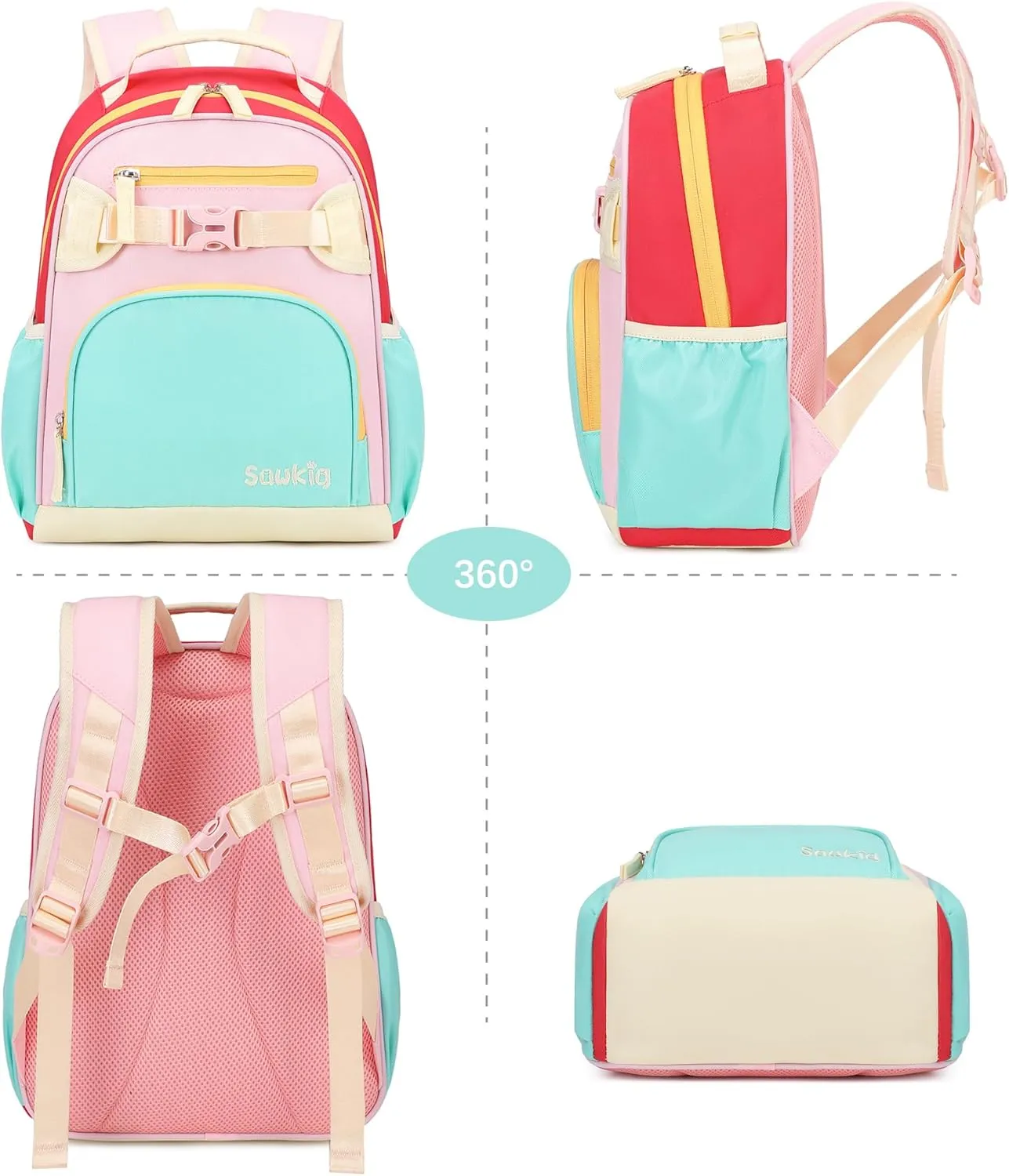 Cute School Backpack for Kindergarten Girls Water Resistant Bookbag for Kids 4-6 (Aqua Pink Red)