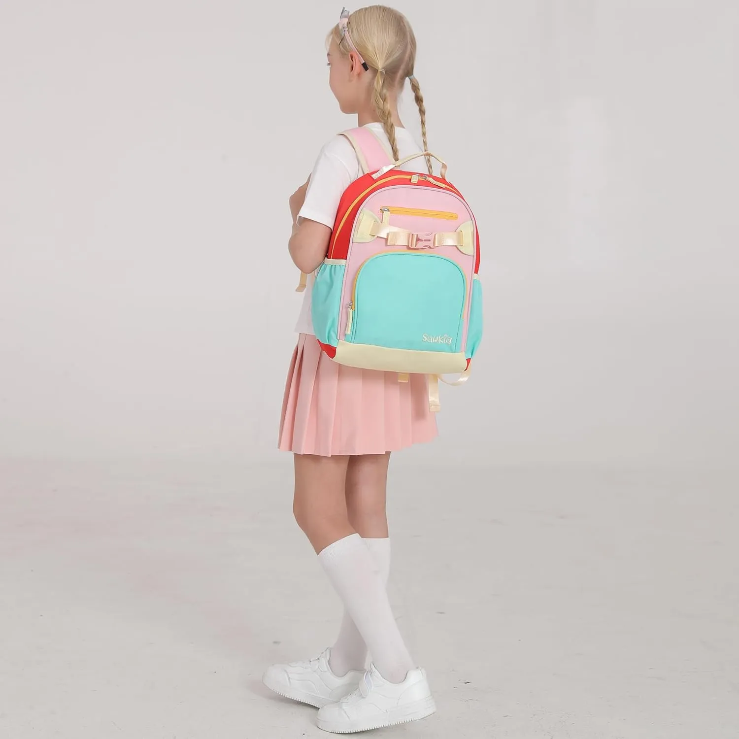 Cute School Backpack for Kindergarten Girls Water Resistant Bookbag for Kids 4-6 (Aqua Pink Red)