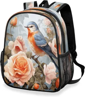 Cute Small Backpack Robin Flower Bookbag with Name Tag, 13.6 Inch Backpack Large Capacity Casual Book Bags Robin Bird Daypack with Chest Strap