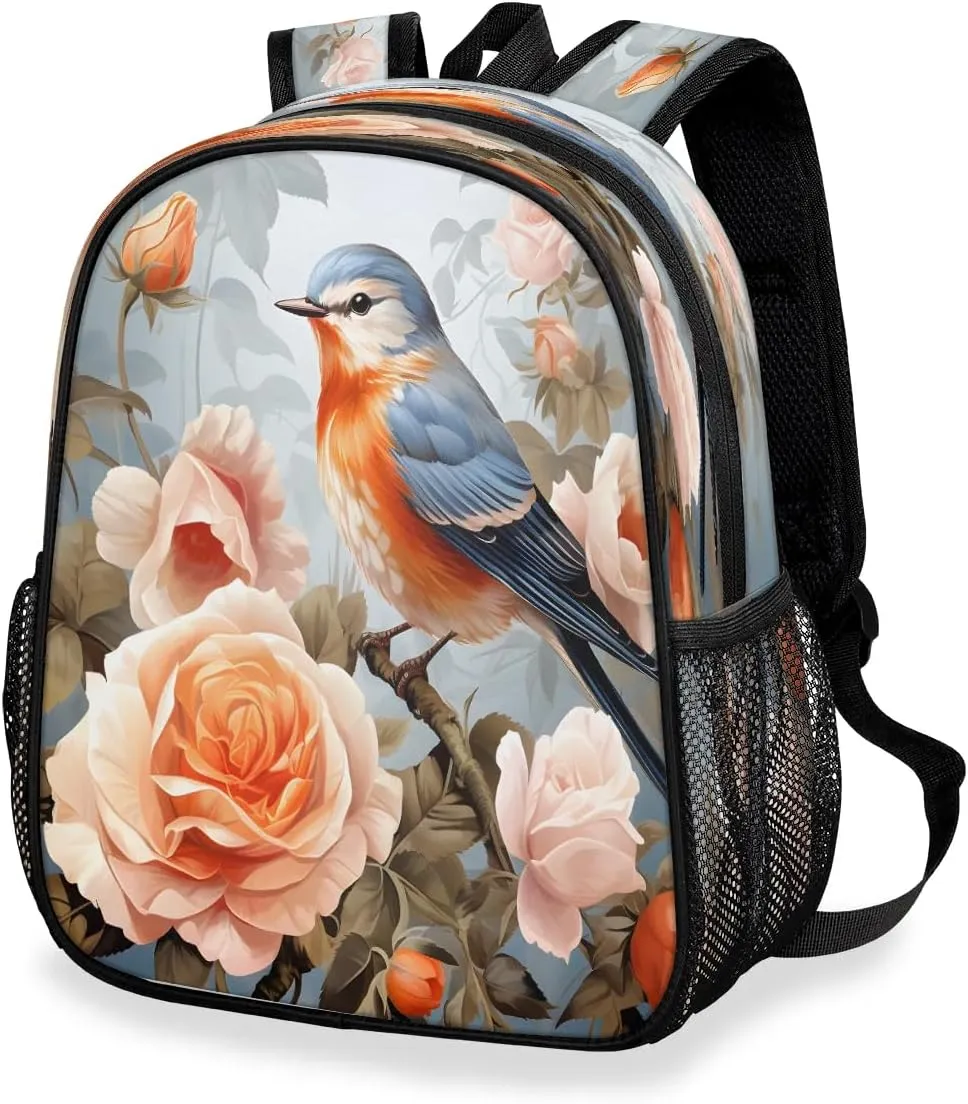 Cute Small Backpack Robin Flower Bookbag with Name Tag, 13.6 Inch Backpack Large Capacity Casual Book Bags Robin Bird Daypack with Chest Strap