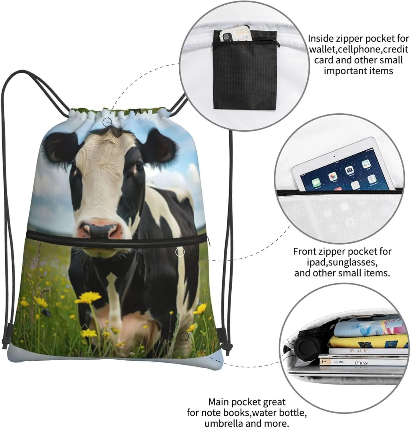 Dairy Cow Drawstring Backpack String Cinch Bag For Fitness Workout, Daily Commute, Travel