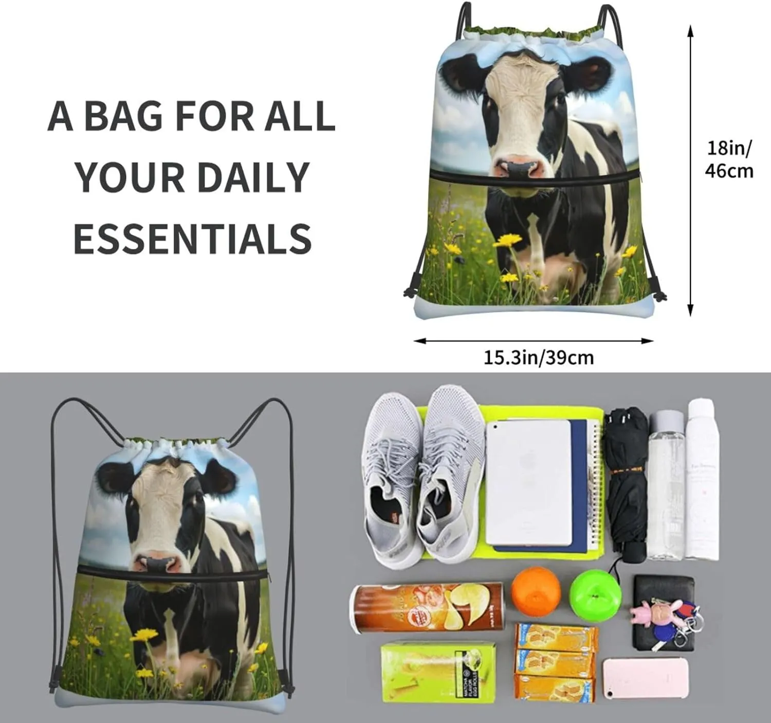 Dairy Cow Drawstring Backpack String Cinch Bag For Fitness Workout, Daily Commute, Travel
