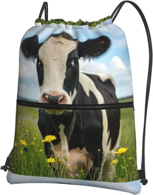 Dairy Cow Drawstring Backpack String Cinch Bag For Fitness Workout, Daily Commute, Travel