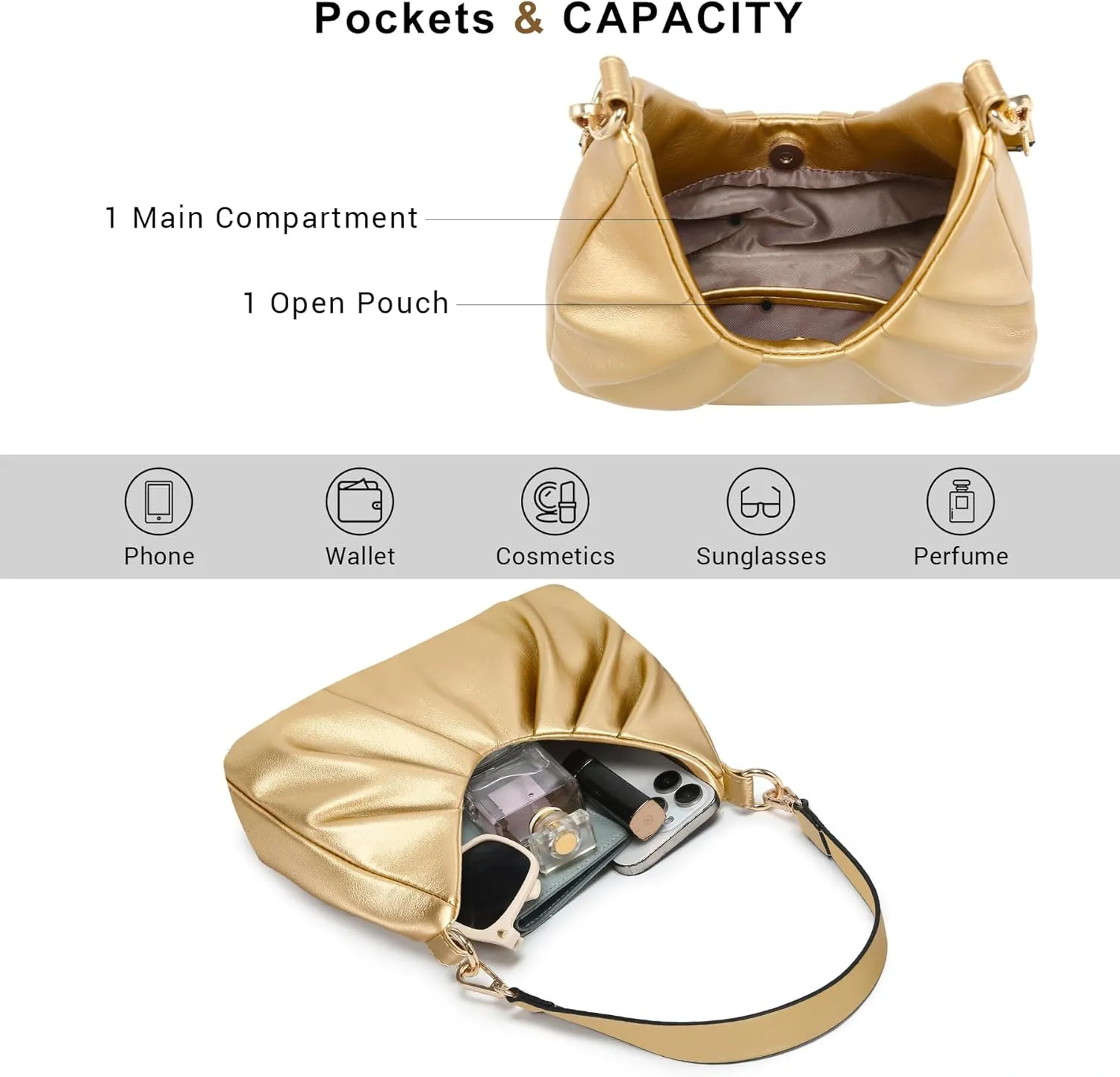 Dasein Ruched Hobo Handbag for Women Retro Shoulder Purse Crossbody Bag with 2 Removable Straps