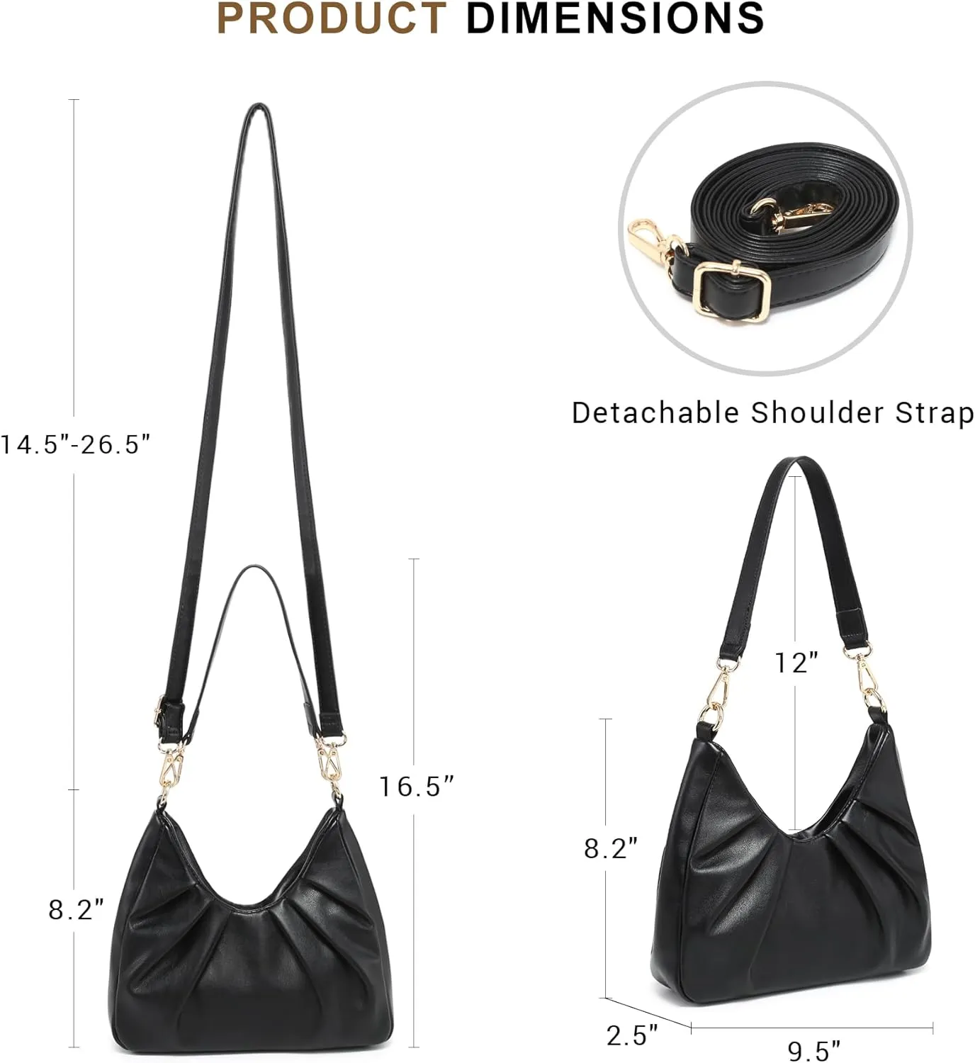 Dasein Ruched Hobo Handbag for Women Retro Shoulder Purse Crossbody Bag with 2 Removable Straps