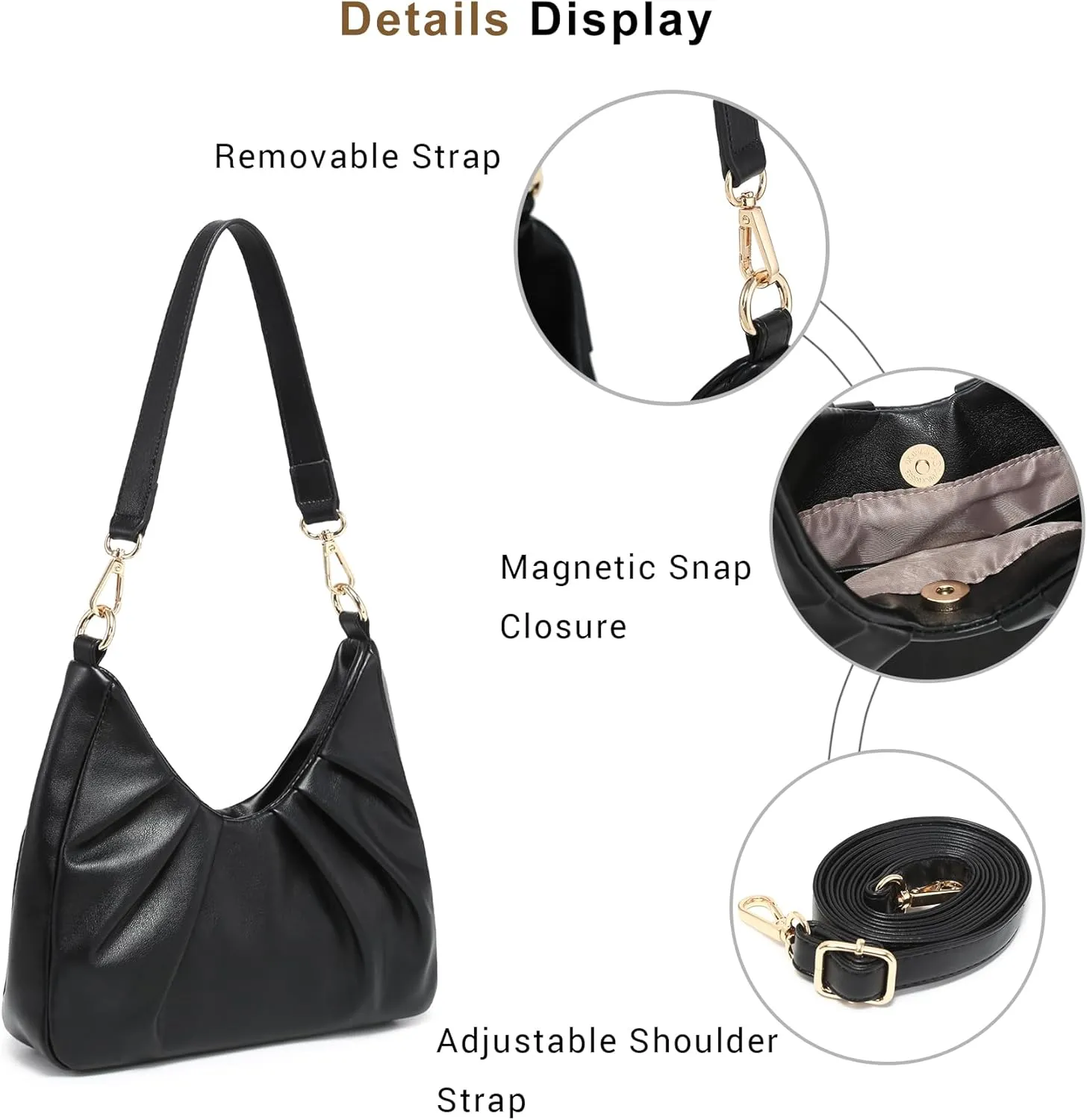 Dasein Ruched Hobo Handbag for Women Retro Shoulder Purse Crossbody Bag with 2 Removable Straps