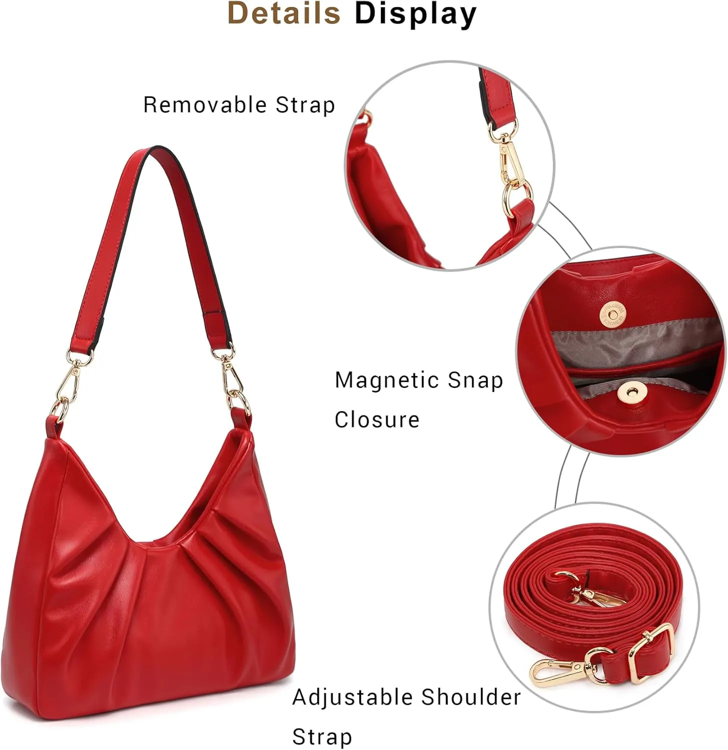 Dasein Ruched Hobo Handbag for Women Retro Shoulder Purse Crossbody Bag with 2 Removable Straps
